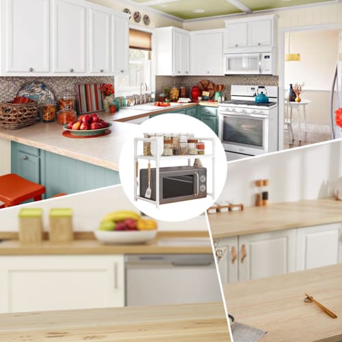 Microwave Shelf, Microwave Rack - Countertop Organization Rack, Adjustable Countertop Utility Storage Rack with Hooks for Kitchen