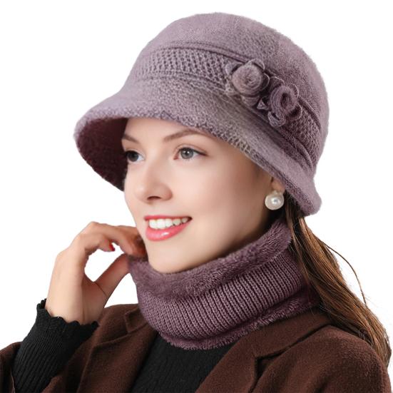 2Pcs/Set Women Winter Hat Scarf Set Elastic Soft Warm Solid Color Design Imitation Rabbit Fur Basin Hat Scarf Set