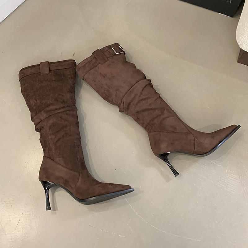 Big Boots, Fashionable Pointed Piled Boots, Pleated Thin High Heels, High Boots, Thin Boots, But Knee Boots