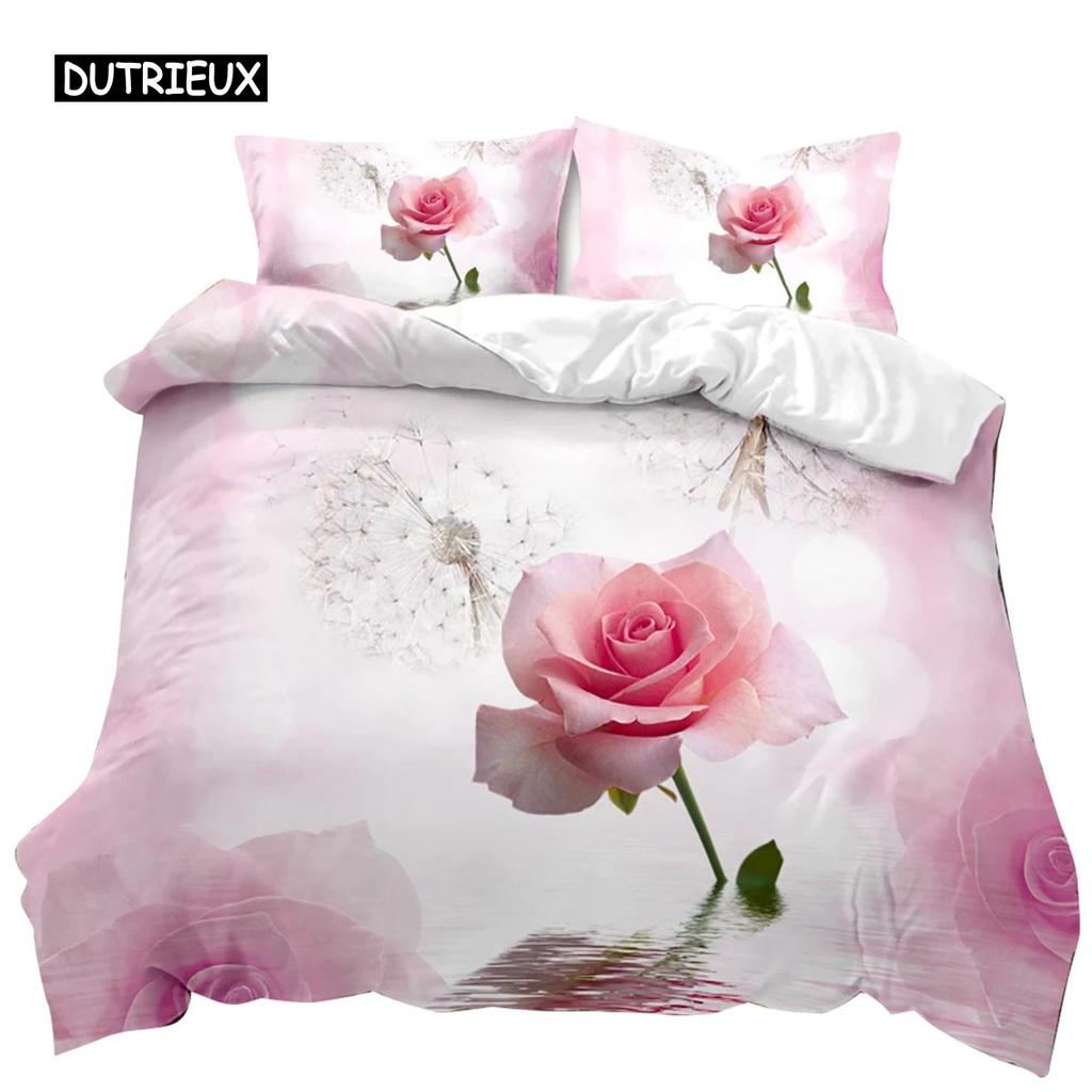 Rose Luxurious Pink Rose Pattern Bedding Set with Microfiber Material for Girls and Women