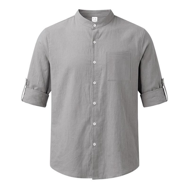 Men S Casual Loose Linen Stand Collar Long Sleeve Shirt