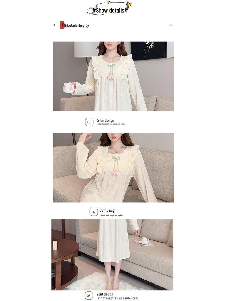Spring & Autumn Korean Jacquard Maternity Slimming Lace Pajamas - Women's Long Sleeve Mid-Length Plus Size Sleep Dress