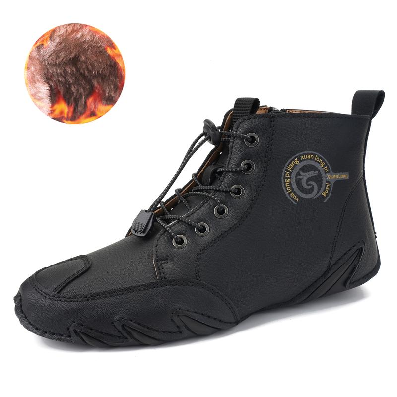 New Men's Quality Leather Ankle Boots Men Sneakers Outdoor Lace-Up Casual Shoes Fashion Winter Plus Velvet Casual Driving Boots