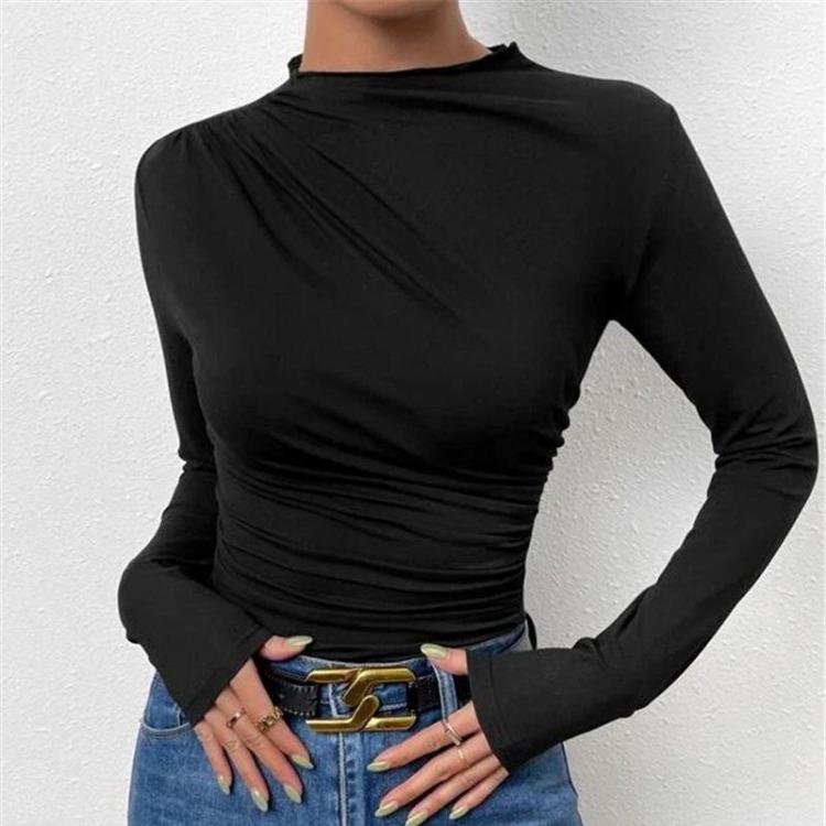 Casual Women Long Sleeve Half Blouses Fashion Print Solid Color Shirts Turtleneck Autumn