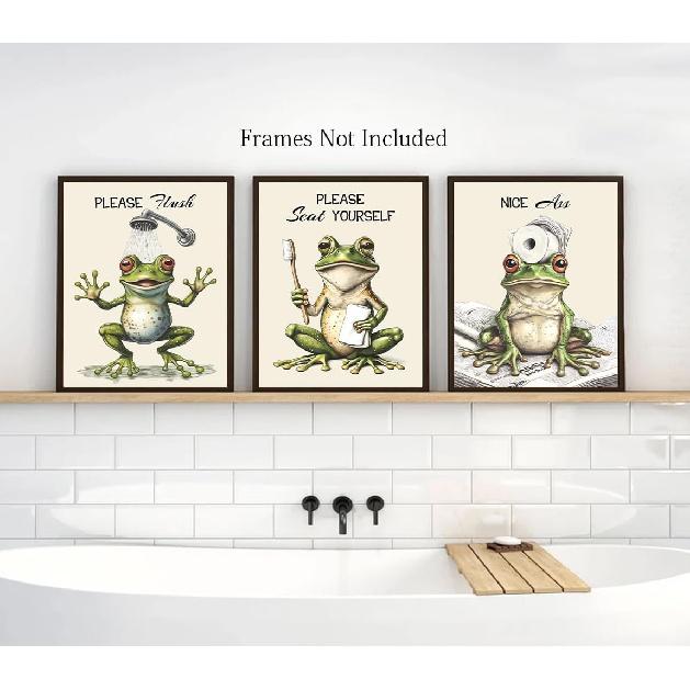 Funny Frog Bathroom Wall Art, Set of 4 Unframed 8x10 inch Posters