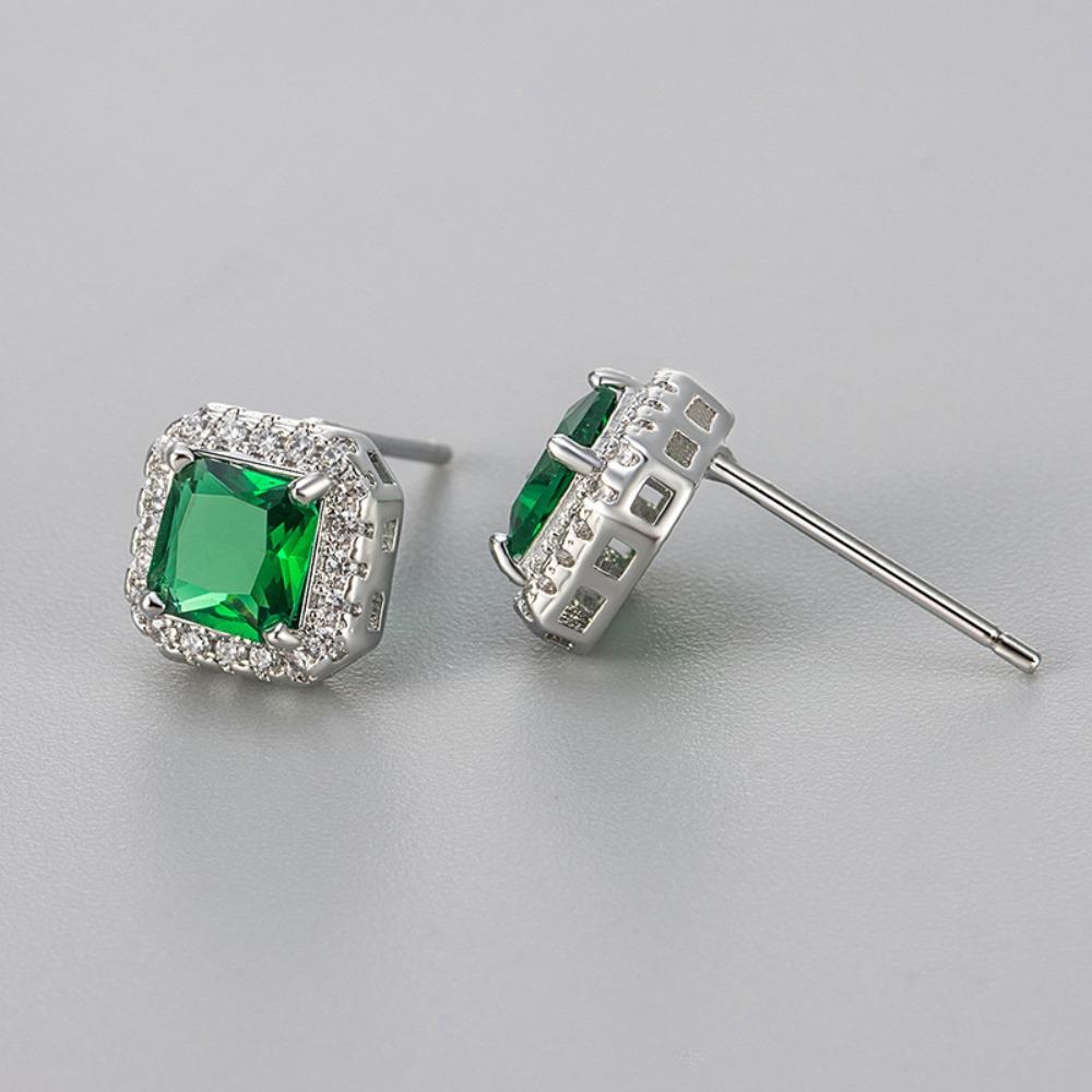 Classic Luxury Shining Zircon Square Color Imitation Gemstone Stud Earrings for Women Trendy Exquisite Stainless Steel Jewelry