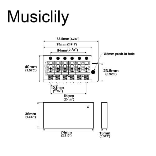 Wilkinson M Series 10.8mm String Pitch Vintage Style Tremolo Bridge with 6-Point Fastenings and a 36mm Block for Strat Electric Guitars, Black