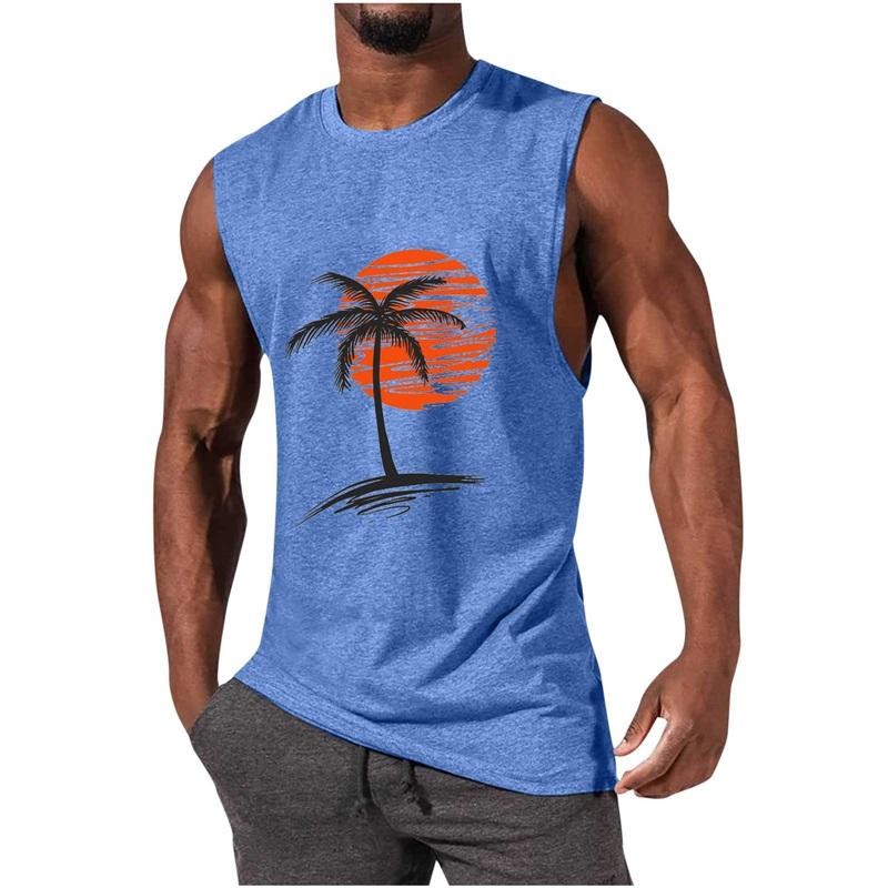 Sommer Neuer Stil Herrenweste Muskel Herren Sport- und Freizeitweste Wärmeübertragung Kokospalme Herren Top T-Shirt