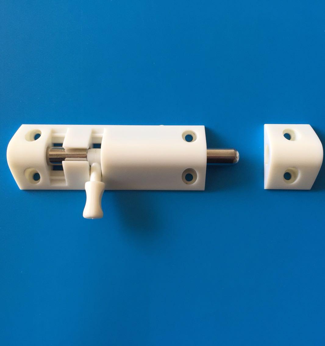 White Wooden Door with Plastic Window Bolt: Large Household Hardware Accessory. белый