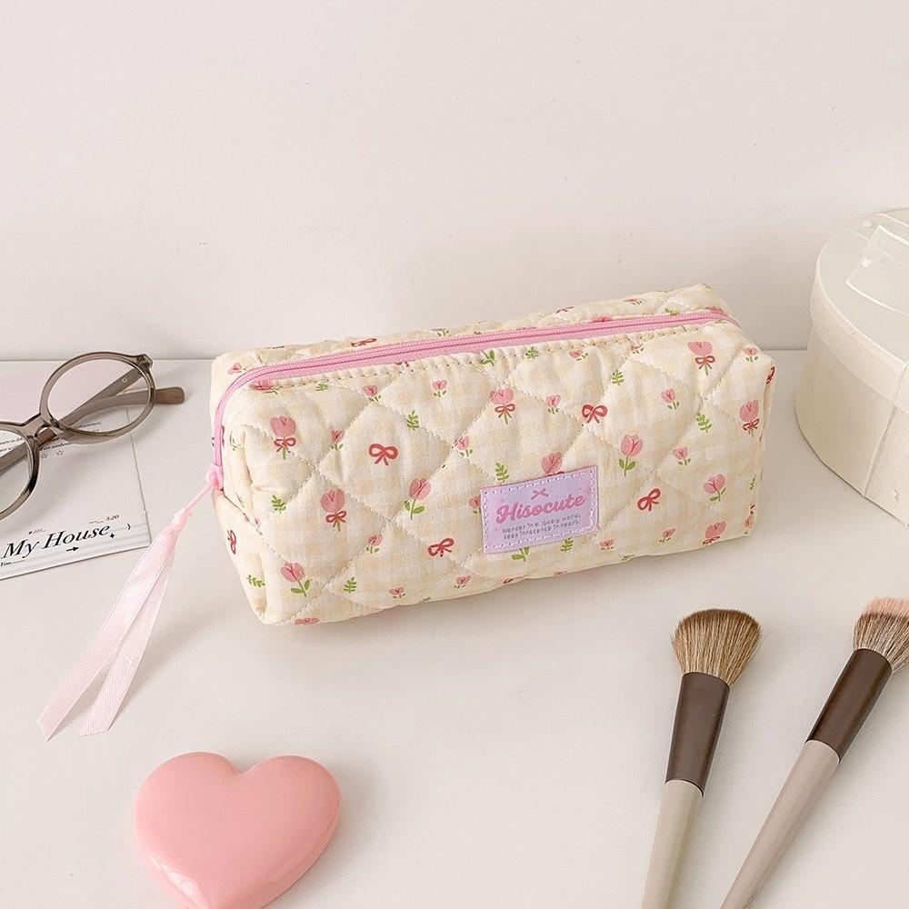 Bow Quilted Pencil Pouch Y2k Flower Pencil Case Desktop Storage Cloth Stationery Bag Student