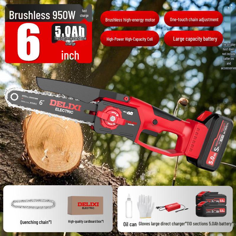 Delixi Rechargeable Brushless Electric Chainsaw with Lithium Battery - Handheld Garden Pruning and Felling Tool for Fruit Trees.