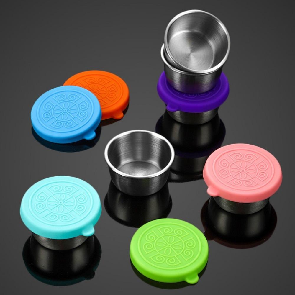 Sauce Cup Silicone Cover Leak-proof Salad Tomato Sauce Bento Saucer 304 Stainless Steel Sauce Cup with Cover Small Storage Box