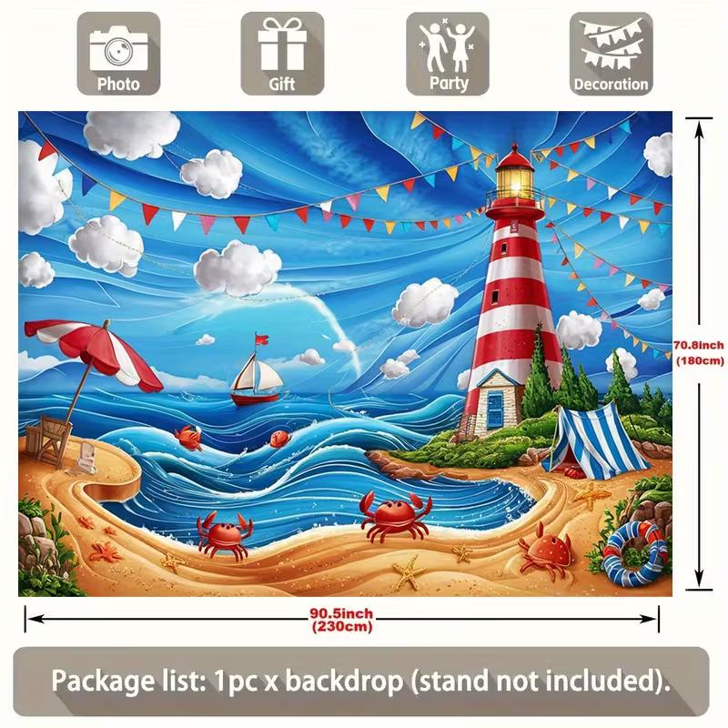 

2D Summer Seaside Lighthouse Backdrop, Ocean Crab & Sailboat Fabric Banner for Photo & Party 47.2x31.5inch/120*80cm