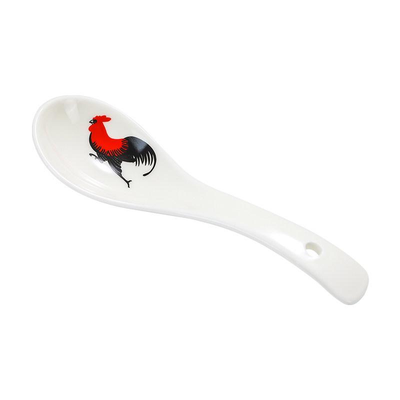 Small White Ceramic Soup Spoon - Rooster Design, Three-Bend, Thickened for Commercial Use