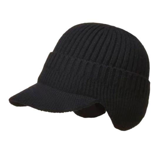 Men Knitted Hat Extended Brim Ear Protection Solid Color Knitting Hat Thickened Plush Lining Winter Warm Hat