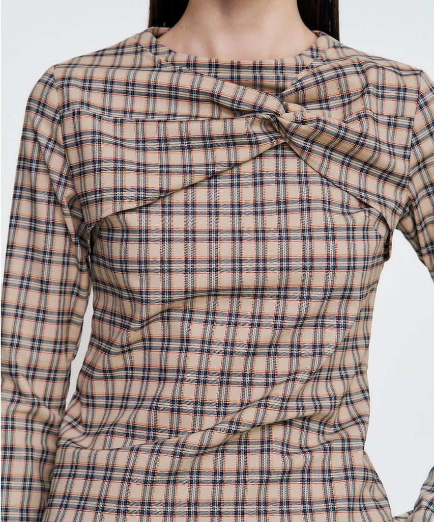 Kimjisu Twisted Check High-Neck Top _ Beige