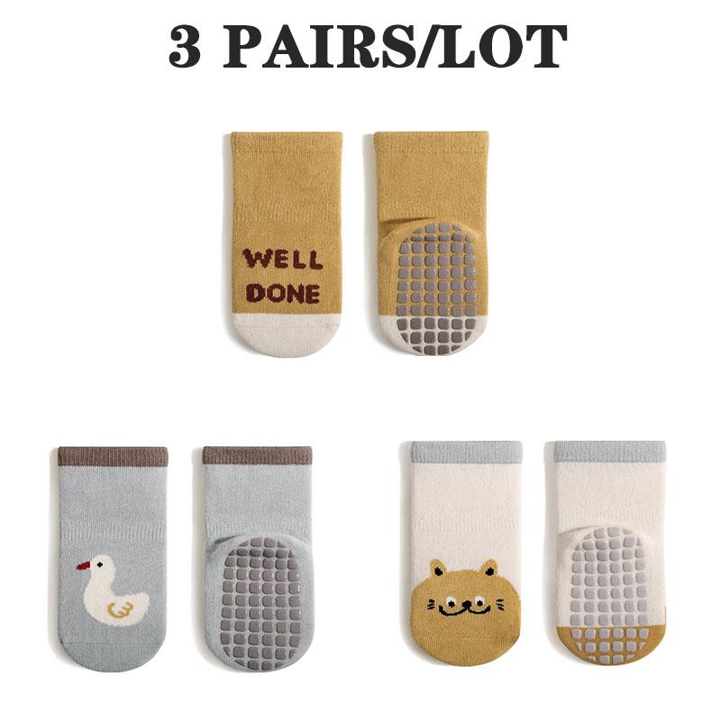 3 Pairs/Lot Cartoon Baby Floor Socks Indoor Full Sole Rubber Non-Slip Kids Socks Set Boneless Middle Tube Socks For Boys  Girls