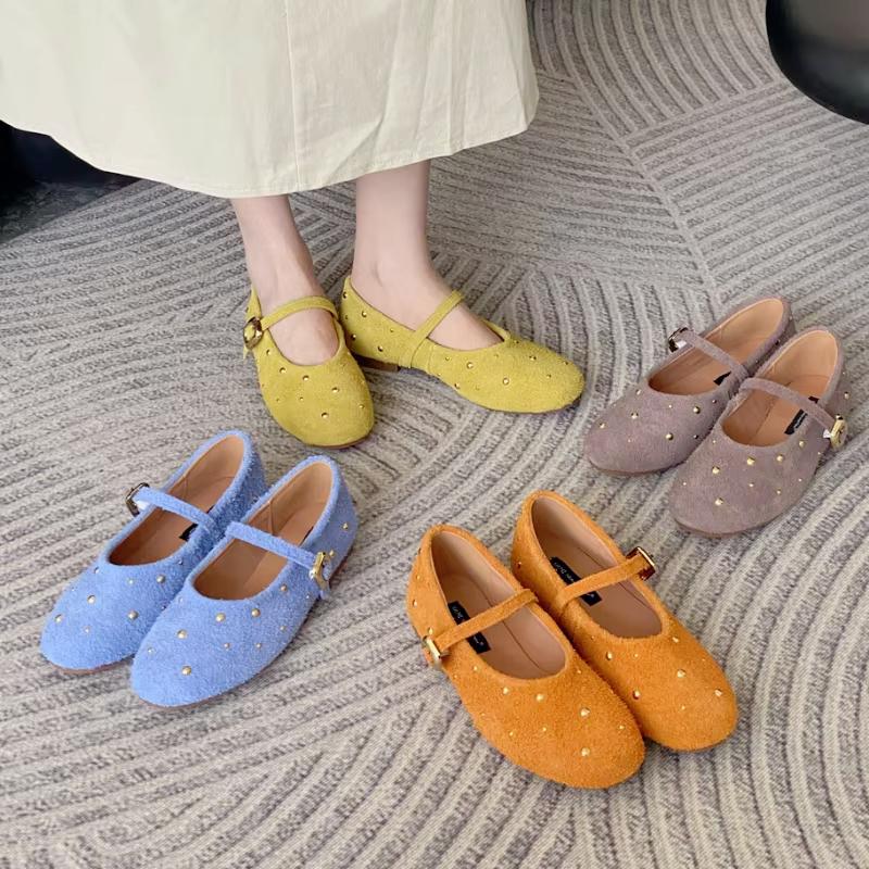 New Metal Rivets Mary Janes Women Comfort Soft Bottom Round Toe Flat Casual Shoes Elegant Slingback Brand Ballet Shoe for Ladies