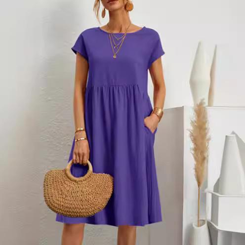Fashion Summer OL Temperament Women's Clothing Cotton and Linen Round Neck A-shaped Skirt Large Size Loose Dress