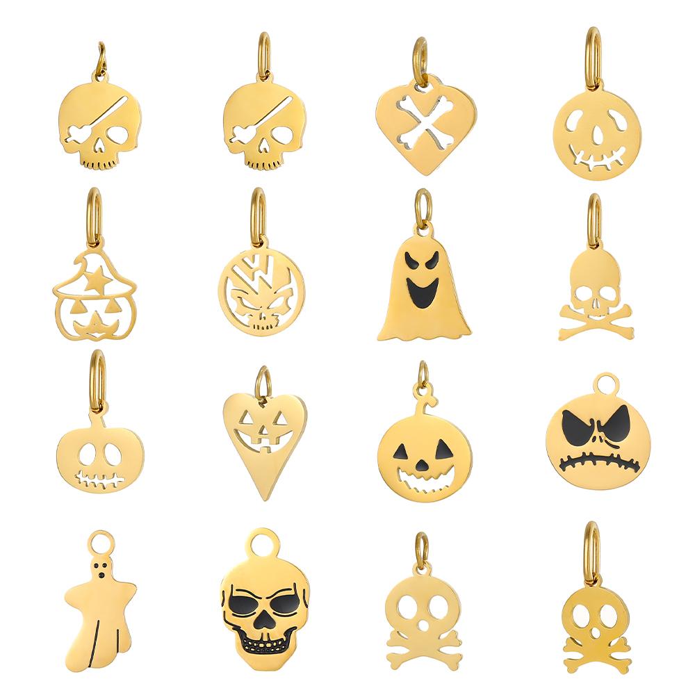 CARLIDANA Halloween Fun Party Accessories Charm Stainless Steel Pumpkin Skull Ghost Gold Plated Hat Titanium Steel Pendant