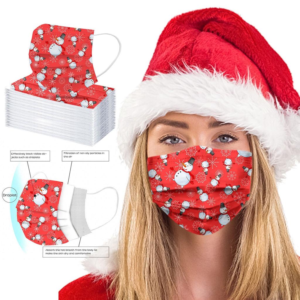 10pc Disposable Christmas Snowman Elk Print Face Adult Facemask Breathable Anti-Dust Safety Mask