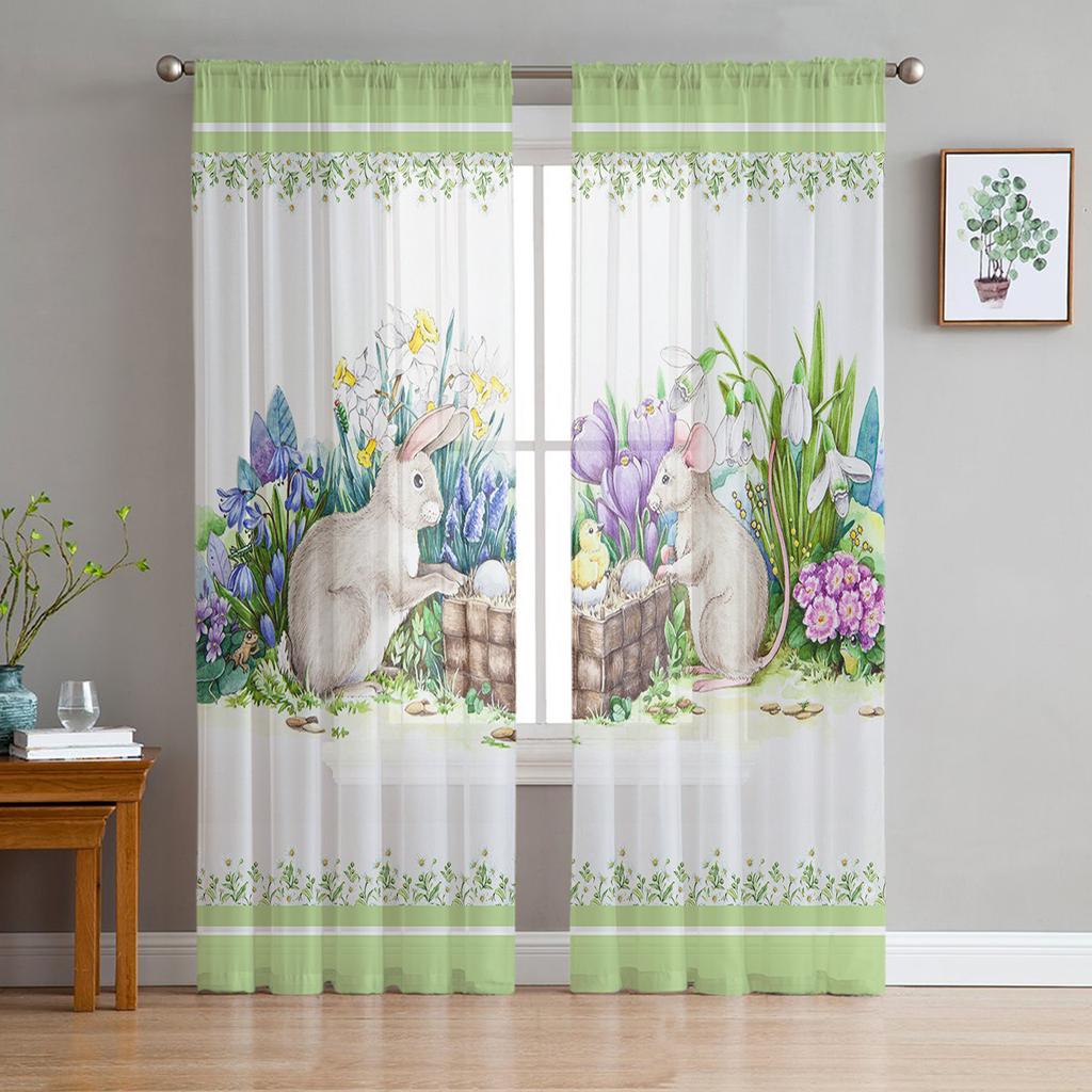 Easter Spring Colored Egg Bunny Sheer Tulle Window Curtains For Living Room Bedroom Kitchen Veiling Curtain Home Decoration