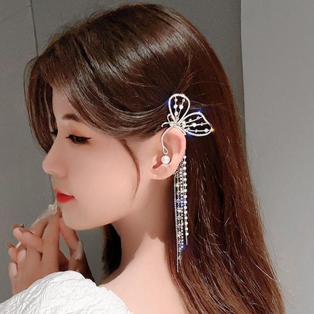 Women's Point Cubic Butterfly Long Tassel Ear Cuff