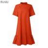 ZANZEA Damen Freizeit Stehkragen Sommer Kurzarm Kleid