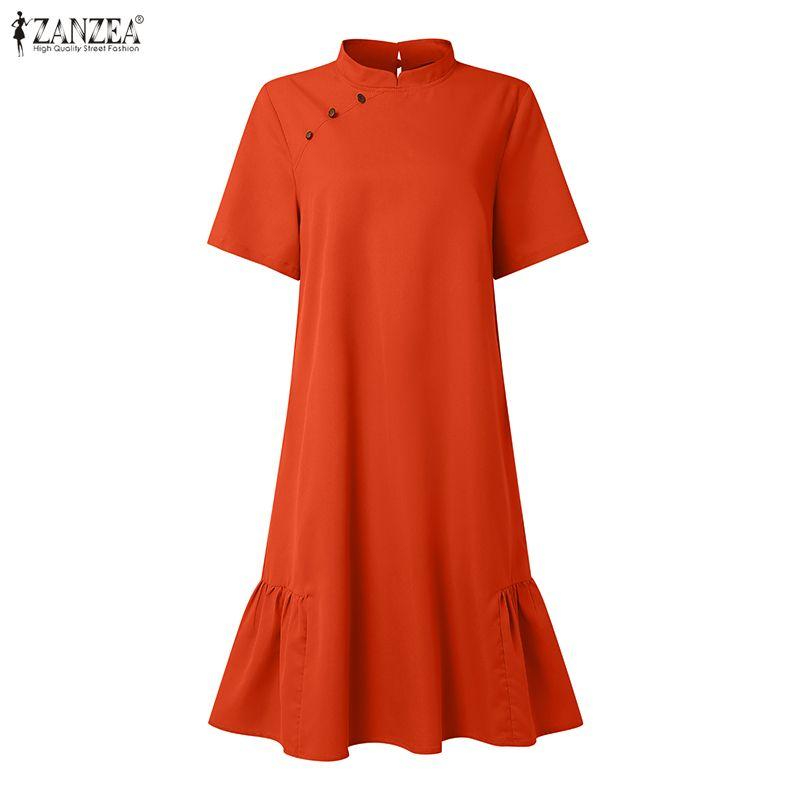 ZANZEA Damen Freizeit Stehkragen Sommer Kurzarm Kleid