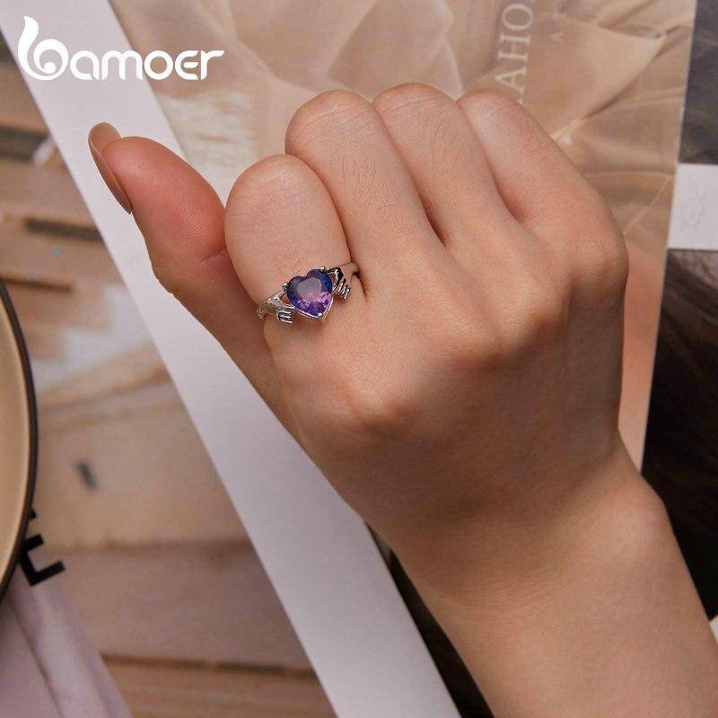 Inel de deget BAMOER din argint 925 violet, inimă, gardian, mâini, pentru femei, cadou de Ziua Îndrăgostiților, bijuterii fine romantice