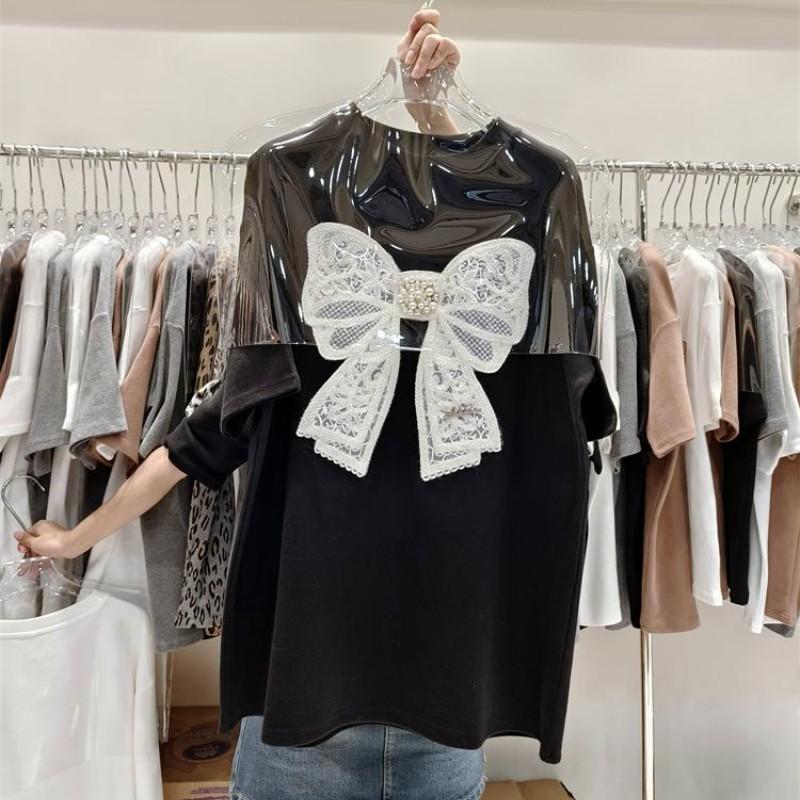 

DIMANAF 2023, женская летняя футболка средней длины с короткими рукавами и вышивкой бабочки, женская свободная футболка с короткими рукавами и короткими рукавами