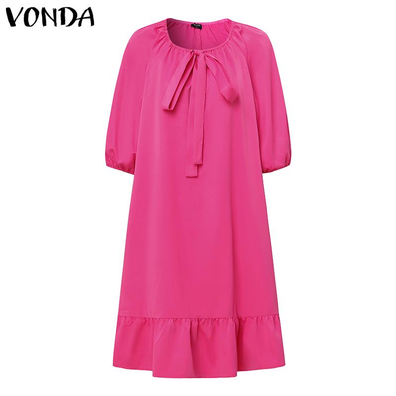 VONDA Women's Puff 3/4 Sleeve Sleeve Bow Knot Solid Color Loose Midi Dress