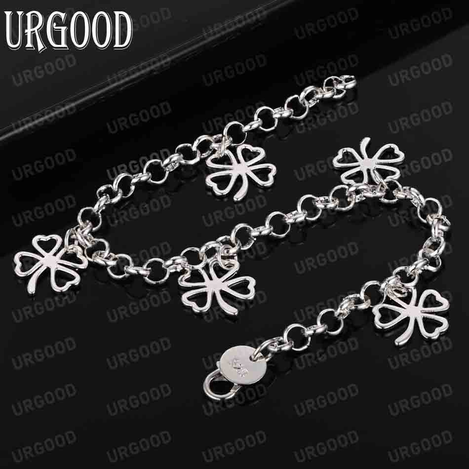 925 Sterling Silver Clover Flower Pendant Bracelet Chain Fashion Wedding Jewelry