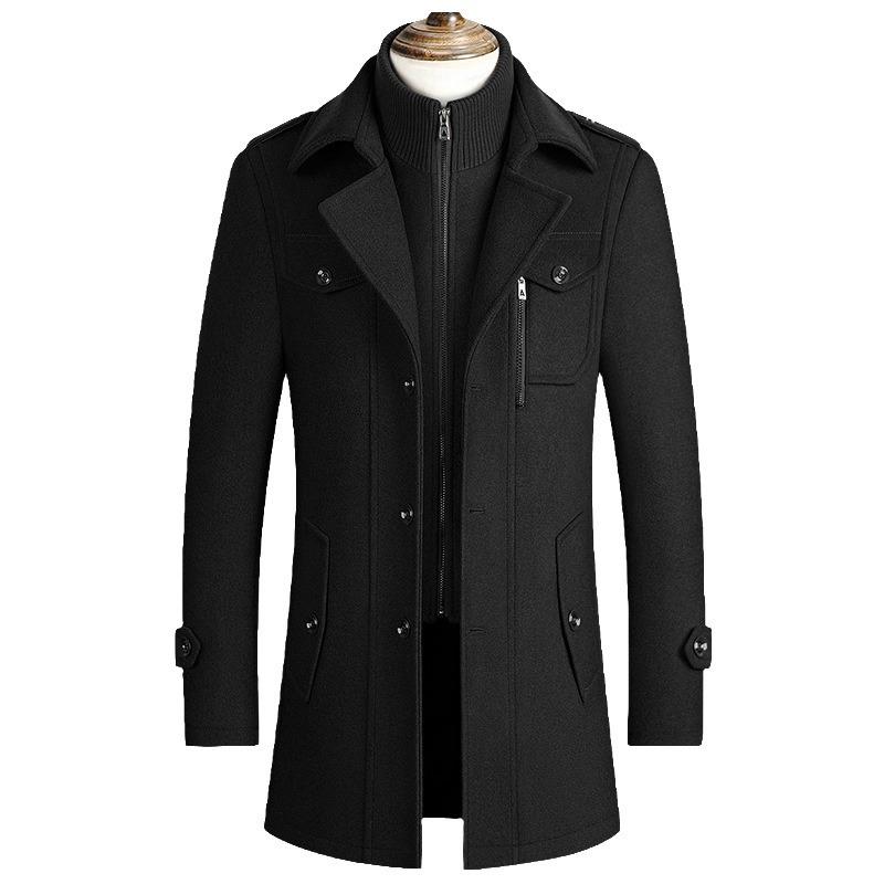 Men's Winter Wool Coat - Double Collar, Mid-Length for Middle-Aged and Elderly