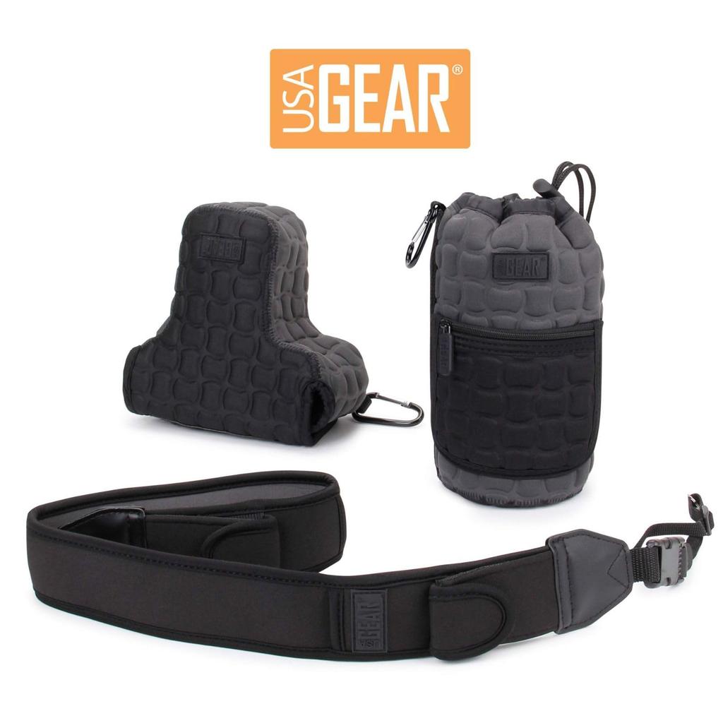 USA GEAR Velké pouzdro na čočky s luxusním polstrovaným neoprenem, stahovací šňůrkou, vyztuženým páskem a kapsou na zip pro uložení čoček FlexARMOR-X