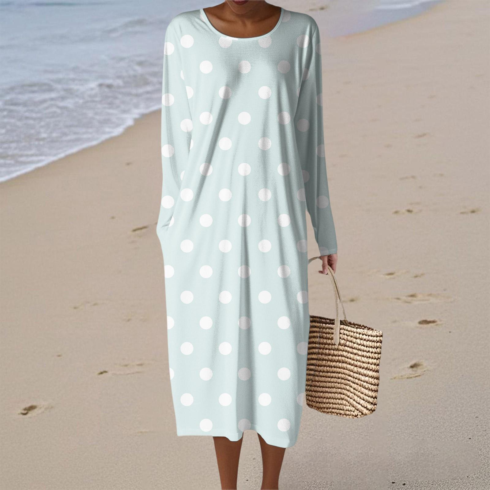 

Women s Fashion Casual Long Sleeve Striped Polka Dot Round Neck Pocket Elegant Temperament Dress XXL