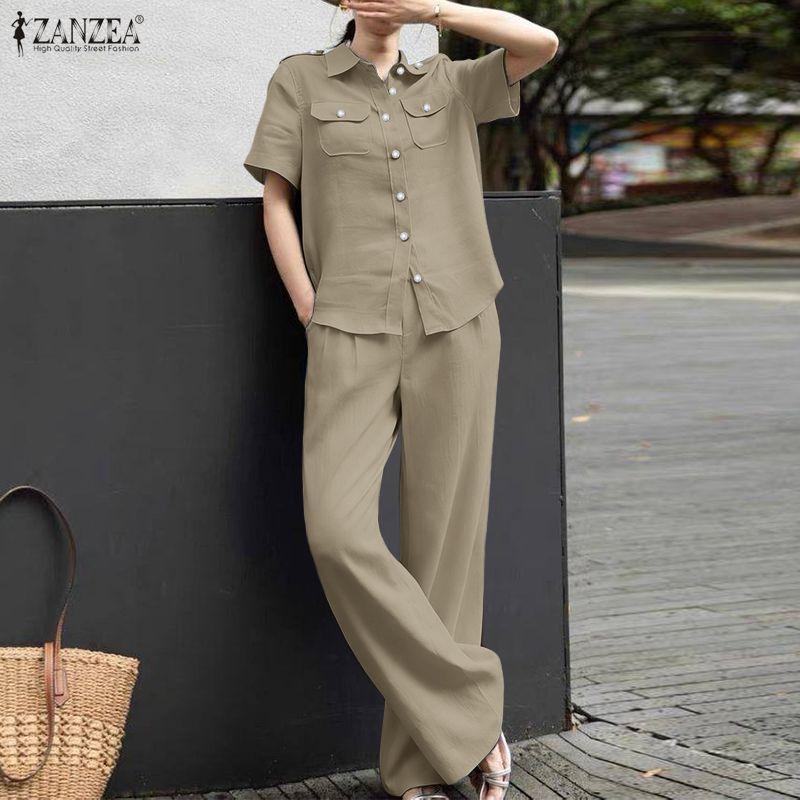 ZANZEA Women Classic Short Sleeve Blouse and Pants Casual Two Piece Suit Sets