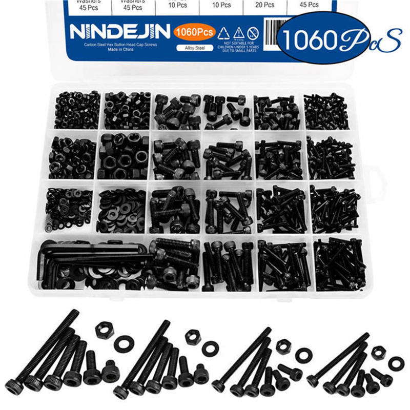 1060pcs M2 M3 M4 M5 Hex Socket Screw Set Carbon Steel Flat Round Cap Head Screws Bolts and Nuts Assortment Kit with Storage Box