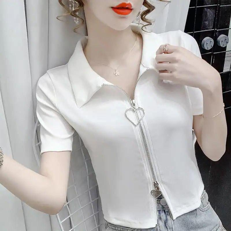 Slim and Slim High Waist Short Half-sleeved Top In Summer New Zipper Design Niche T-shirt for Women