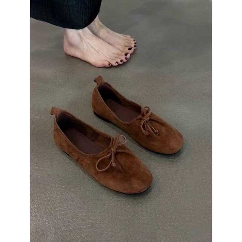 Sheepskin Version~ Retro Niche Suede Bow Round Head Loafers Women's Autumn Versatile Flat-soled Single Shoes