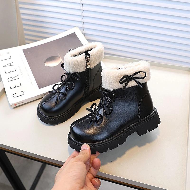 

Girl Winter Boots Sweet Chic Children Platform Ankle Boots Elegant Bowknot Versatile Kids Fashion Cotton Boots New Solid Color 26 чёрный