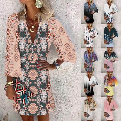 Dresses For Women Casual V Neck Casual Three Quarter Sleeve Dress Button Sundress