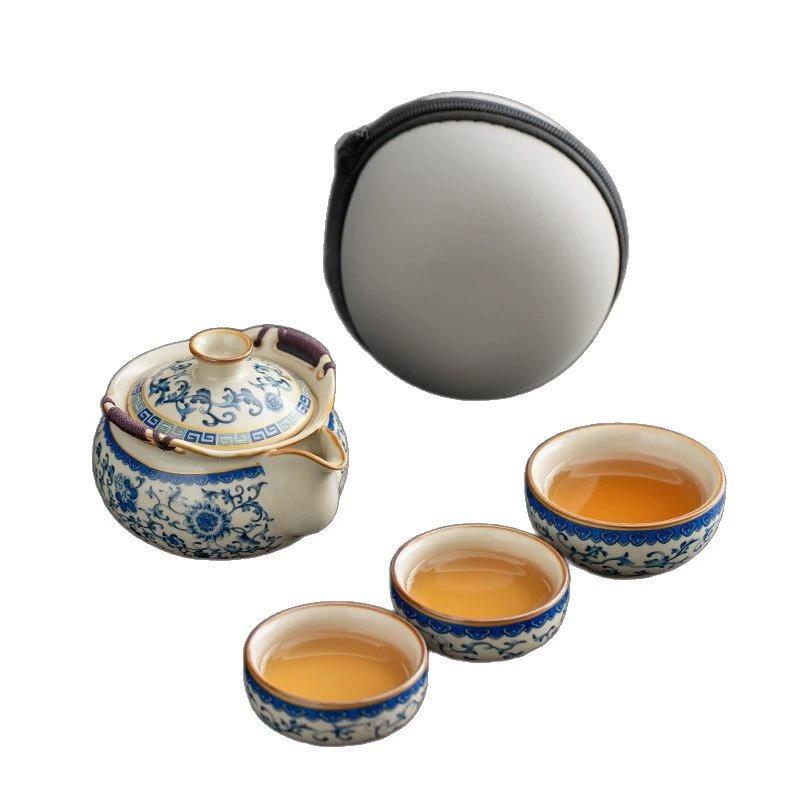 Ru kiln travel tea set portable outdoor camping blue and white ceramic express cup gift retro hand-held pot