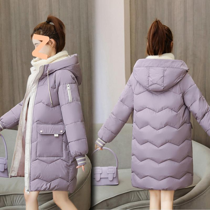 Winter lässige Damen mittellange Kapuzen-Baumwolljacke, lockere Baumwollkleidung, farbblockierte Brotjacke, gesteppte Jacke
