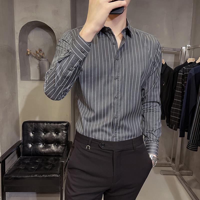 

2024 Men s Korean Style Striped Slim Fit Long Sleeve Shirt - Business & Casual Large білий