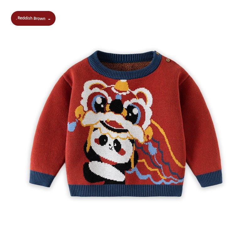Panda Lion Dance Chinese Style Boys  Pure Cotton Sweater Autumn and Winter Girls  Festive New Year Outfit Children s New Year Knitwear Panda Lion Dance - Bd910 90 cm