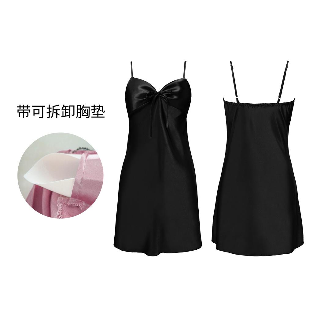 Women's Summer Ice Silk Sleepwear Sexy Backless Nightdress Padded Cami Sleep Dress Short Solid Loungewear