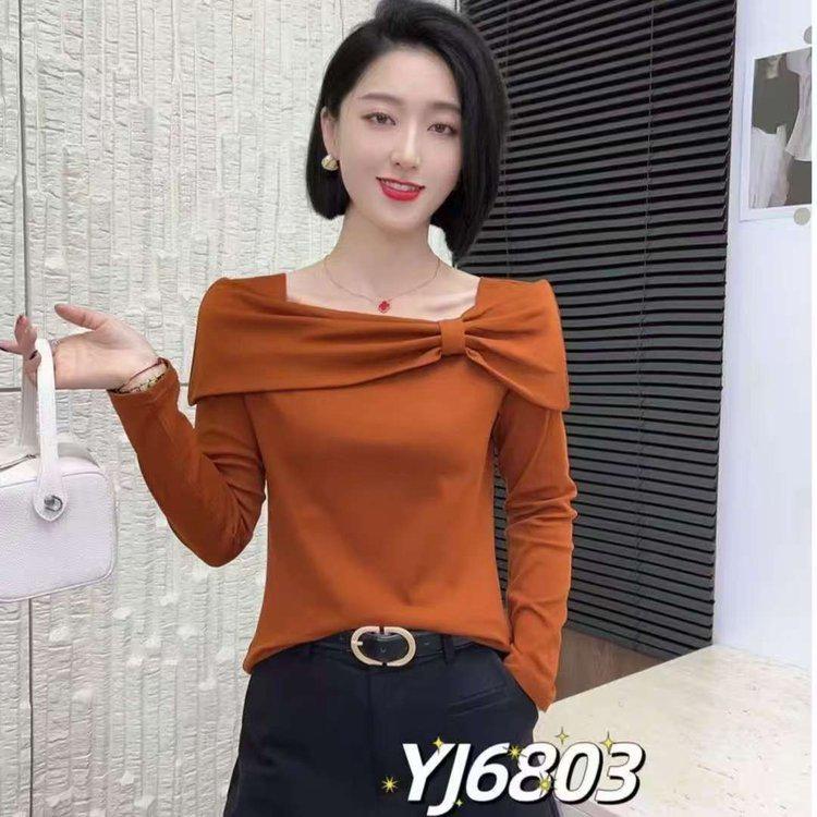2025 Autumn Women s One-Shoulder Bow Slimming Long-Sleeve T-Shirt 3XL for 130-140 jin