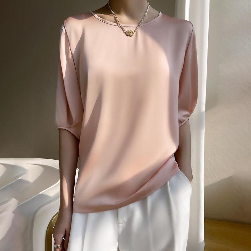 Women S Summer Round Neck Loose Fit Solid Color T Shirt