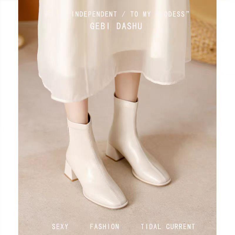 2025 Women's Fashion Boots Square Toe Square Heel Back Zipper Short Boots Retro All-match Korean Style Spring and Autumn Boots